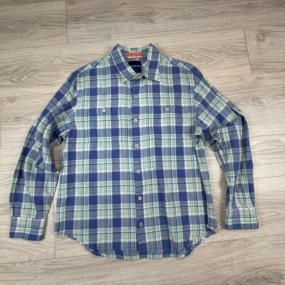 Tommy Bahama Mens Medium Blue‎ Green Plaid Linen Cotton Long Sleeve Button Shirt